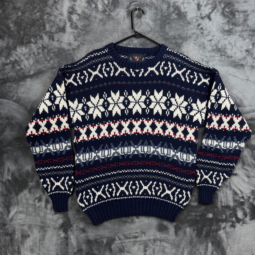 American Portrait Sweater Mens Large Blue Fair Isle Snowflake Knit Cotton USA